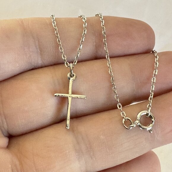 VTG Solid Sterling Silver 925 Cross Cable Link Pendant Necklace Size 15'' Length - Picture 5 of 11